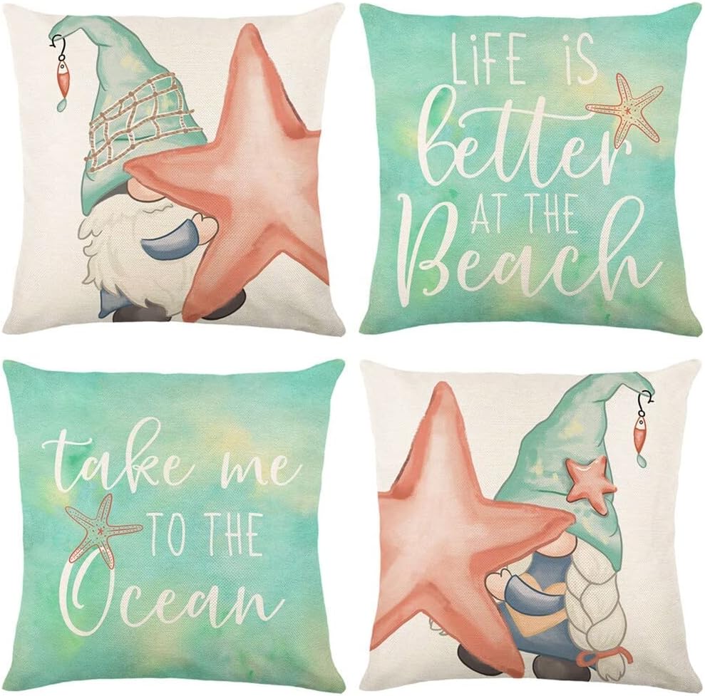 Hello Summer Vibes Gnome Decorative Throw Pillow Cover 18X18In Set Of 4 Ice Cream Popsicle Juice Porch Patio Outdoor Couch