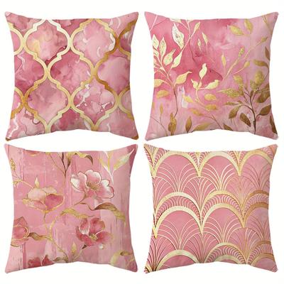 1/4pcs 1 Pink Gold Floral Geometric Decorative Throw Pillow Covers for Home Sofa Bedroom Cushion Cover