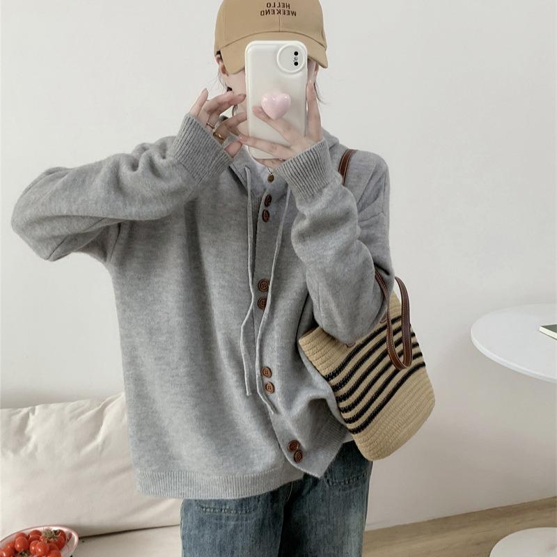 Casual Hooded Knitted Cardigan Top Women's Autumn and Winter New Simple and Versatile Loose Lazy Sweater Jacket