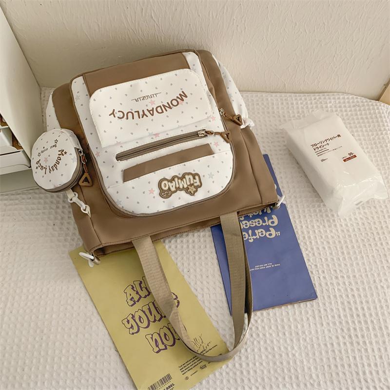 Women's Shoulder Bag Color Block Large Capacity Tote Bag Student Book Bag with Coin Purse