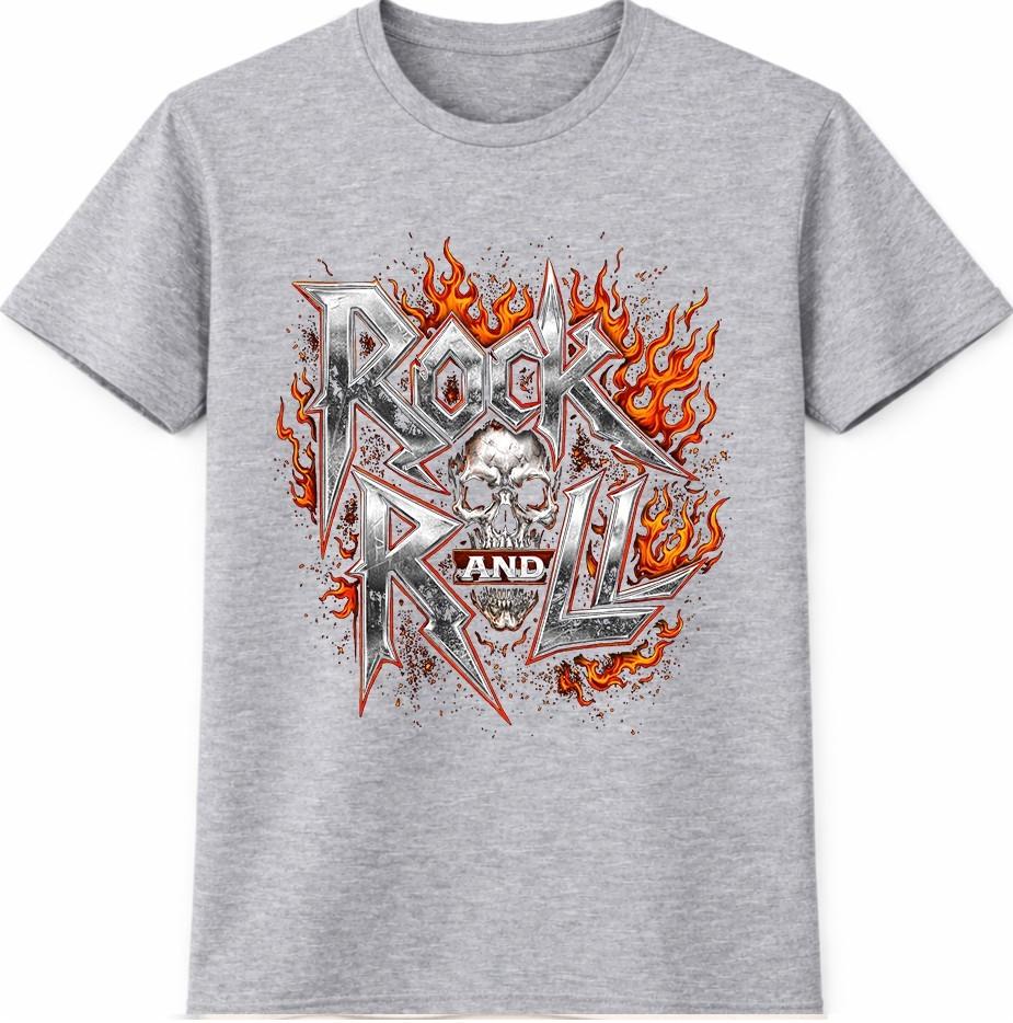 Rock N Roll T Shirt Flaming Skull Heavy Metal Gothic Biker Vintage Tee