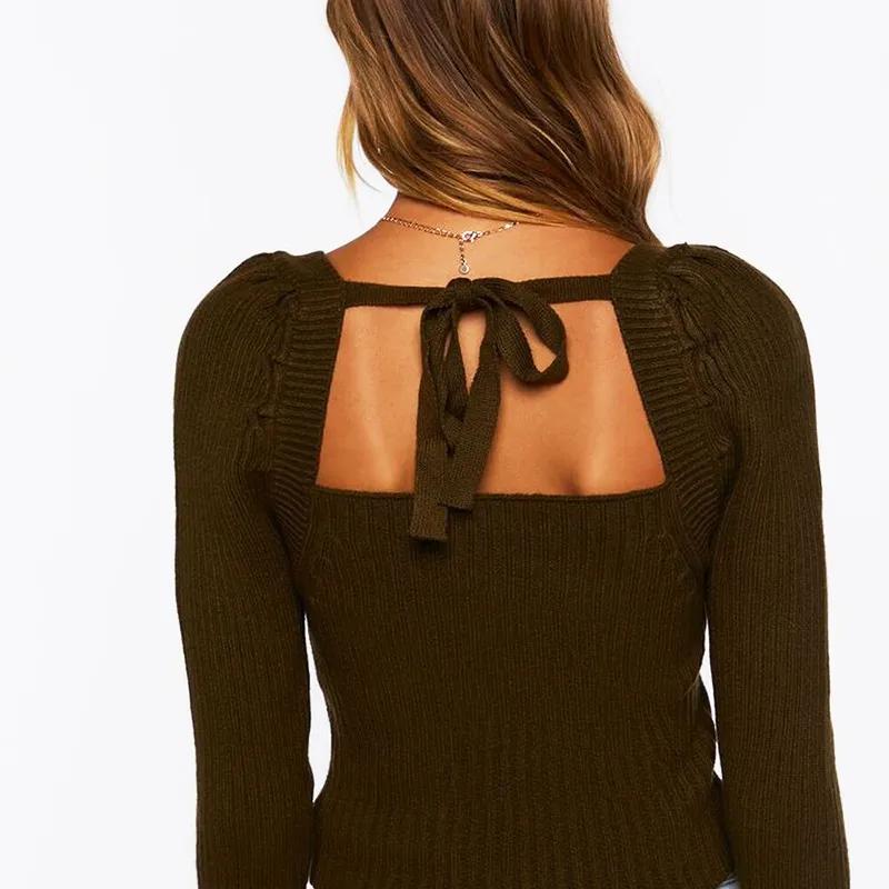 Vinter Slim-fit stickade tröjor Dam tröja bandage Fyrkantig krage tröjor Puffärm Snörning Sexig Crop Knitwear 29454