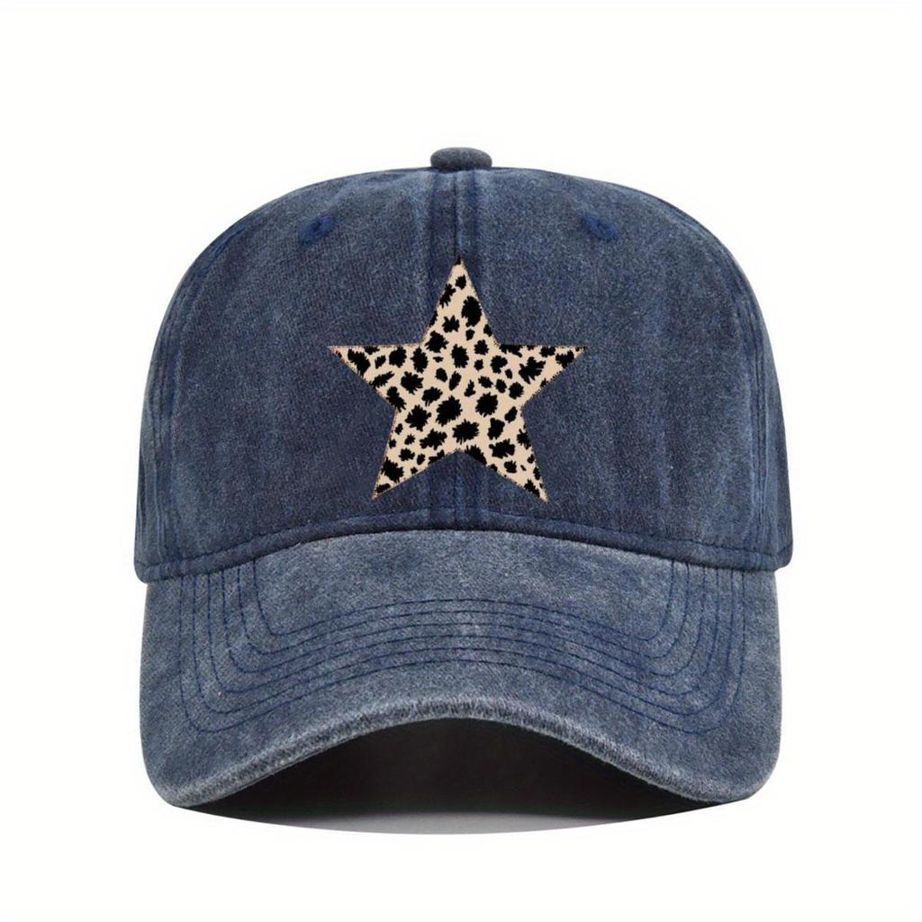 Leopard Star Print Washed Baseball Cap Distressed Denim Style Unisex Casual Outdoor Sports Hat
