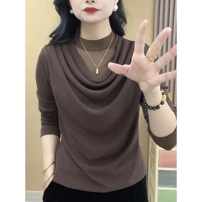 Dames All-match Mode Gaas Patchwork Slim T-shirt Herfst Winter Effen Verdikking Eenvoud Lange Mouw Opstaande Kraag Tops