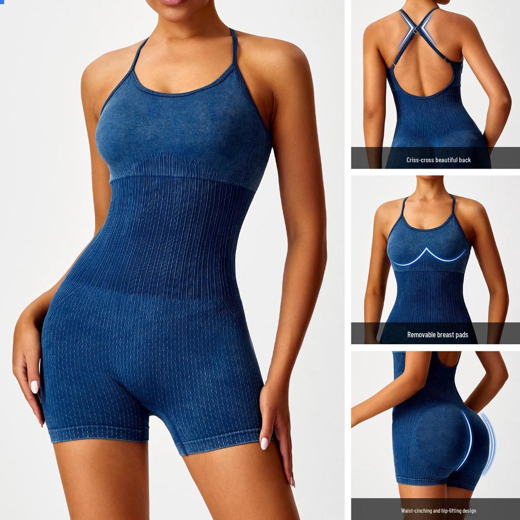 Women's Tie-Dye Cross-Back One-Piece Yoga Suit, Hip-Lifting Athletic Jumpsuit for Outdoor Fitness.