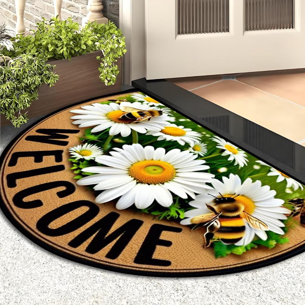 60*90 Charming Bee and Floral Welcome Mat - Non-slip, Durable Semi-circular Doormat for Farmhouse/patio/laundry/kitchen Decor - Stylish Home Decor