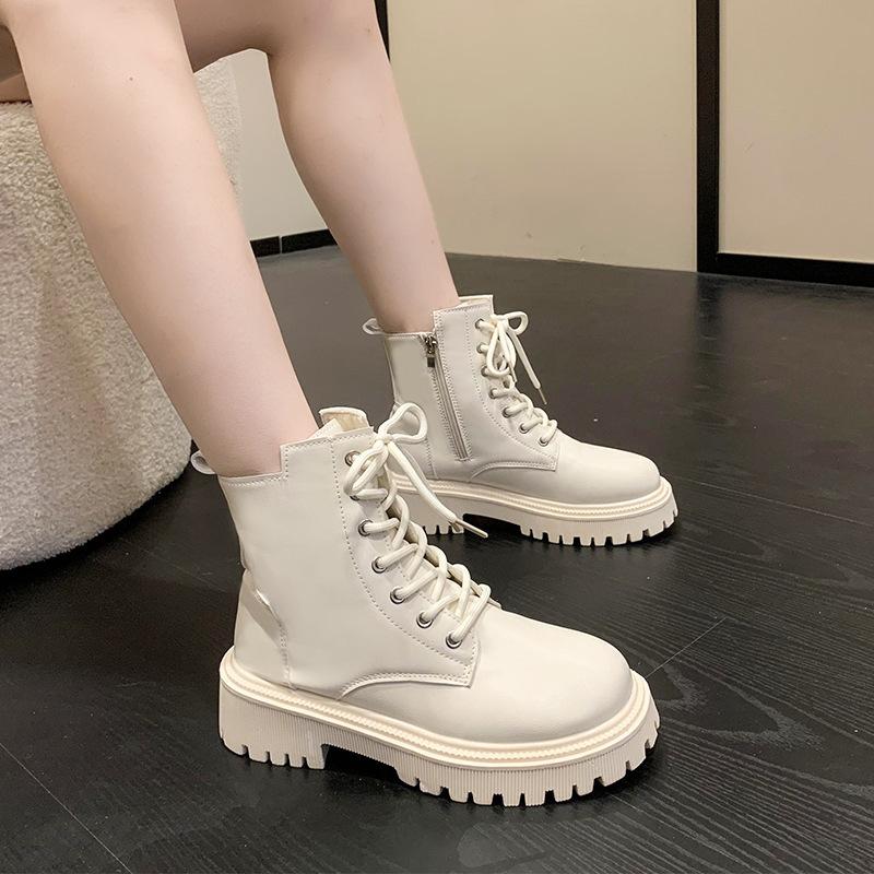 

Women s Autumn/Winter Chunky Heeled Platform Height-Enhancing Short Boots with Lace-Up Motorbike Style 42