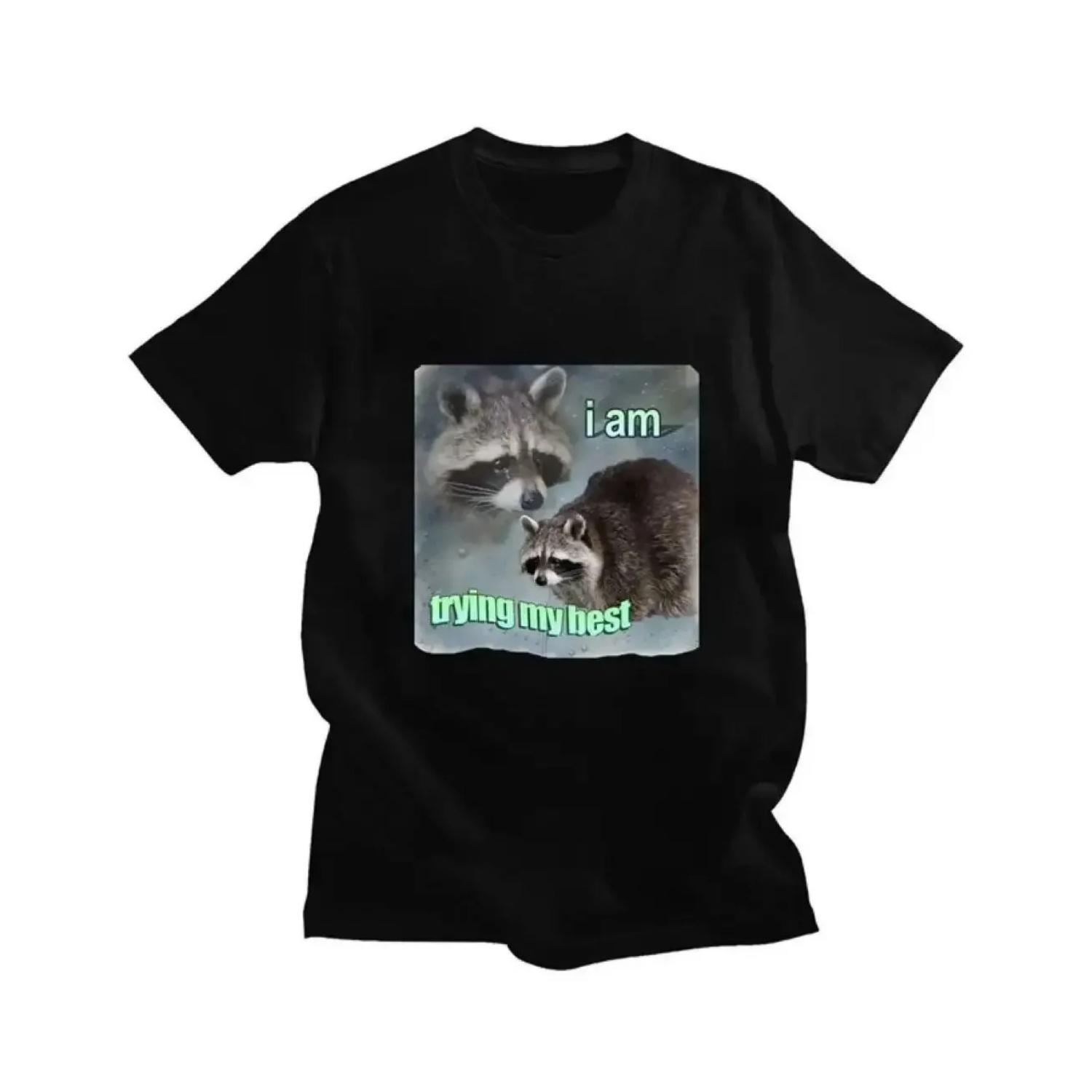 

I Am Trying My Best Raccoon Meme T Shirt Funny Print T-shirt Loose Leisure Fashion Short Sleeve Cozy High Street S чёрный