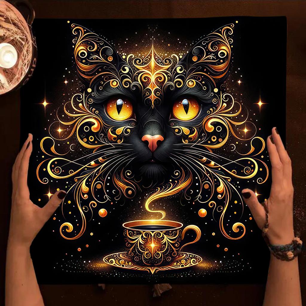 Colorful Mandala Black Cat Altar Cloth Tarot Tablecloth Witchcraft Cat & Moon Starry Sky Divination Cloth Tarot Mat Home Decor