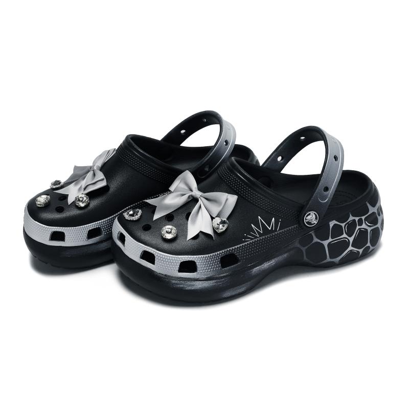 Crocs Classic Platform Clog 811 Eternal Diamond Special Shoe Box Bow Feeling Poop Hole Shoes Women's Black Silver