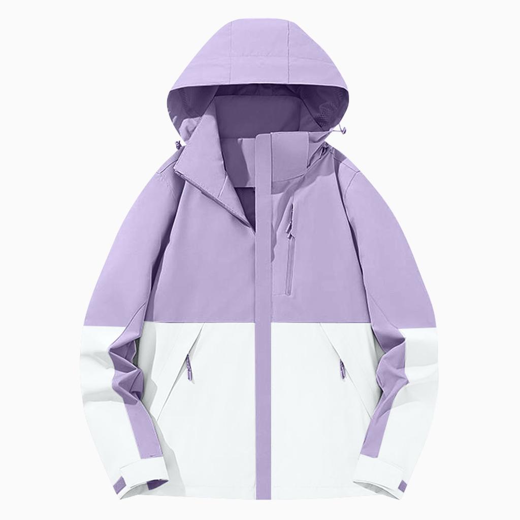 Women Solid Stripe Rain Jacket Outdoor Plus Waterproof Hooded Raincoat Windproof