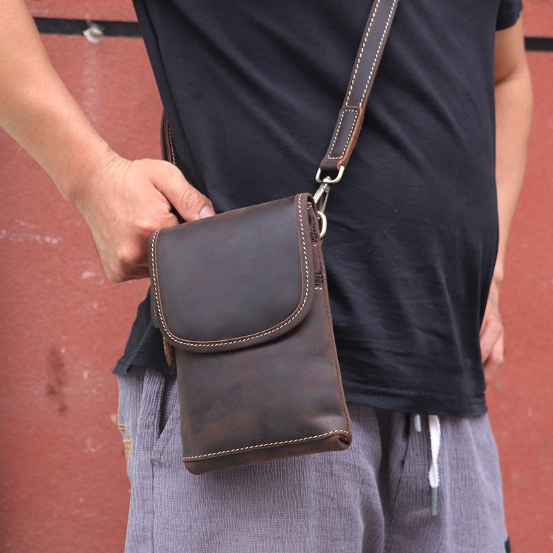 7.5" Leather Phone Pouch phone bag men wear leather belt mobile phone fanny pack for shoulder bag holster leather Mini Men's bag
