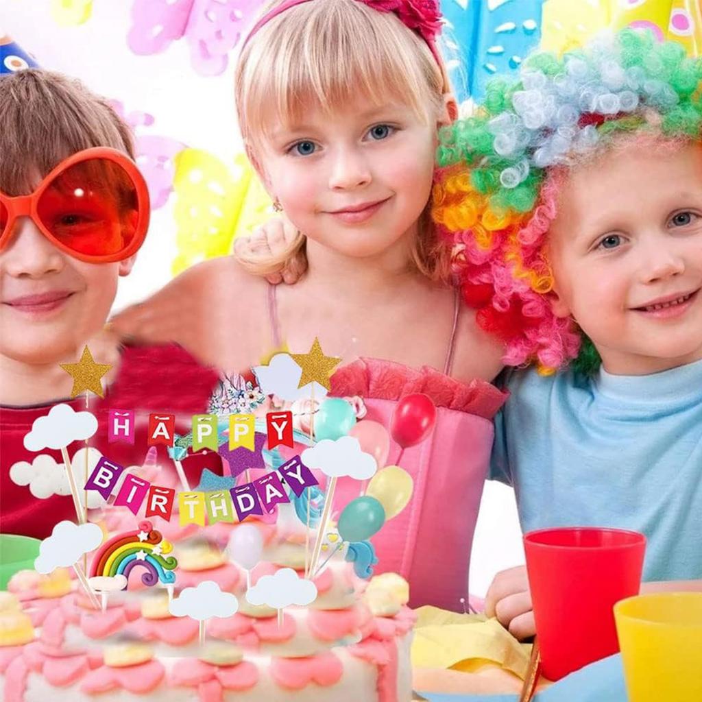 Rainbow Cake Topper Happy Birthday Cake Flag Banner Clouds Balloon Ball Rainbow Cake Decoration for Girls Baby Shower Party