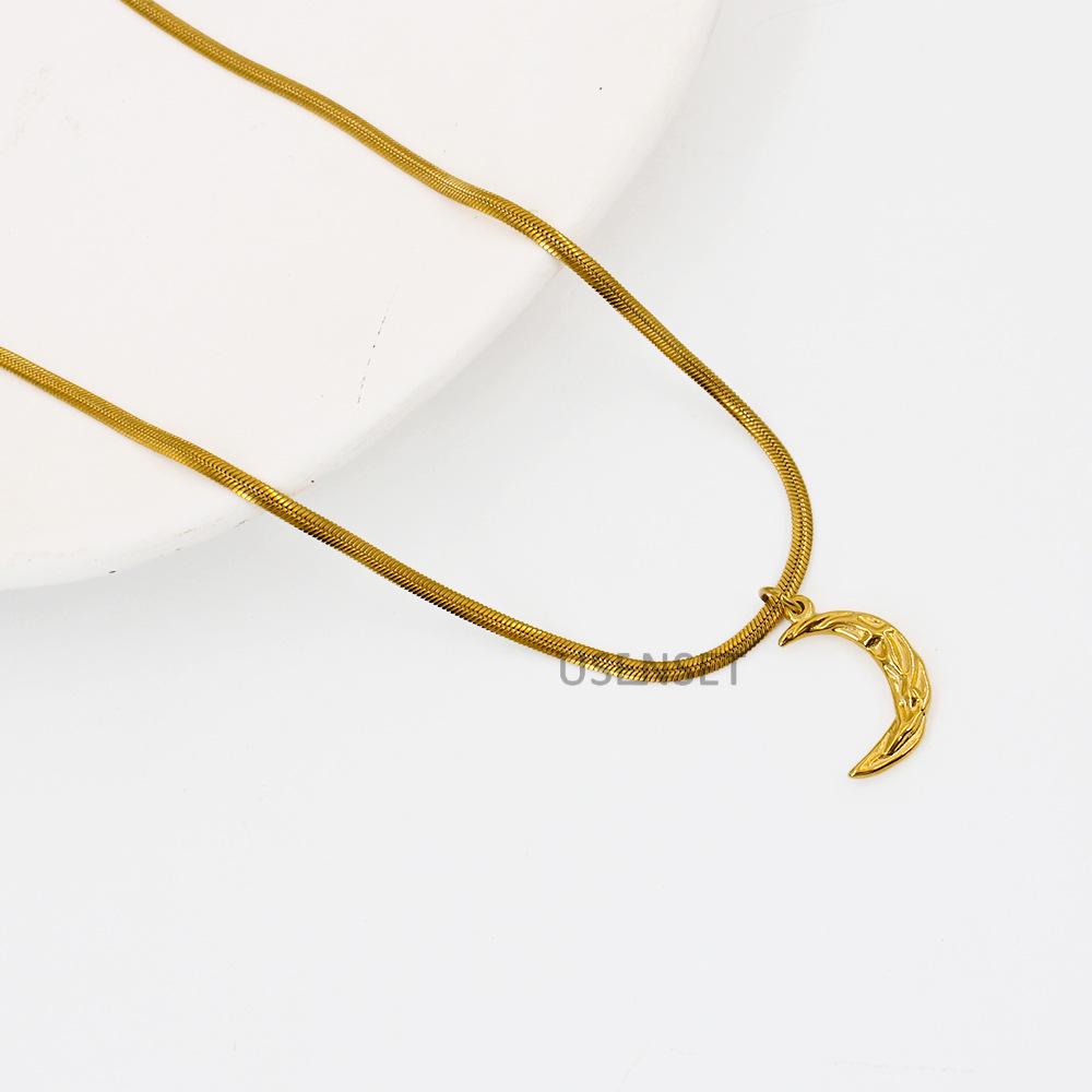 Women s French Retro Moon Pendant Necklace - Gold-Plated Stainless Steel, Hip Hop Style (YS108)
