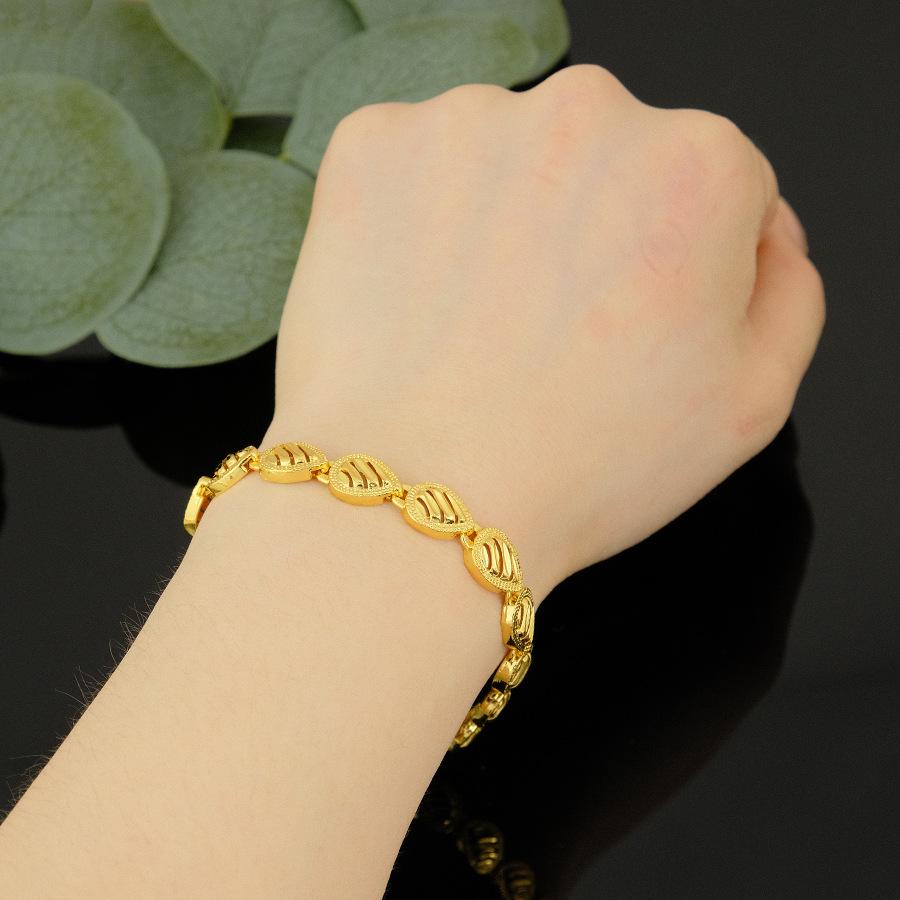 Women's Geometric Bracelet: Leaf & Heart Design, Imitation Gold Plated, 24K Hidden Clasp