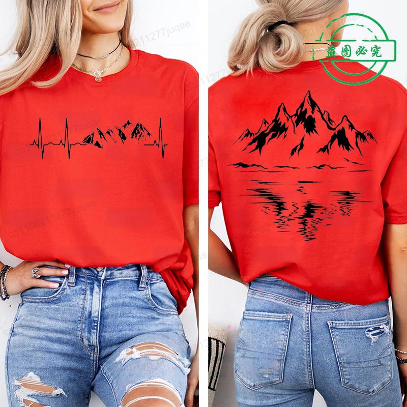 Mountain Print Women T-shirt Summer Outdoor Climbing Hiking Graphic Shirt Short-sleeved Top Outdoor Lovers Summer Lady T-shirt