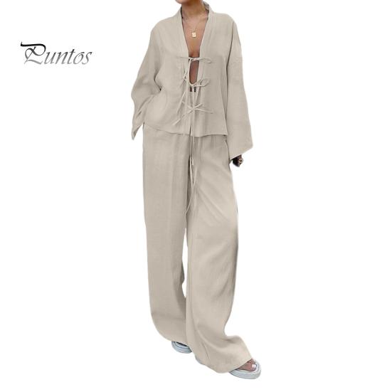 2 Pcs/Set Women Shirt Pants Set Lace-up Cardigan Long Sleeve Blouse Wide Leg Full Length Trousers Homewear Casual Outfit Pajamas Suit