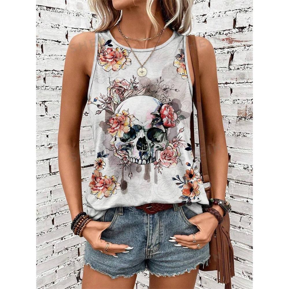 Yazlık Açık Hava Günlük Kadın Kolsuz Tişört Çöl Baskılı Kadın Atlet Günlük Sokak Modası Kadın O Yaka Atlet