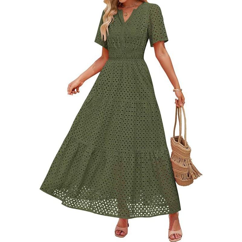 European and American women's clothing V-neck A-shaped hollow lace cake dress
