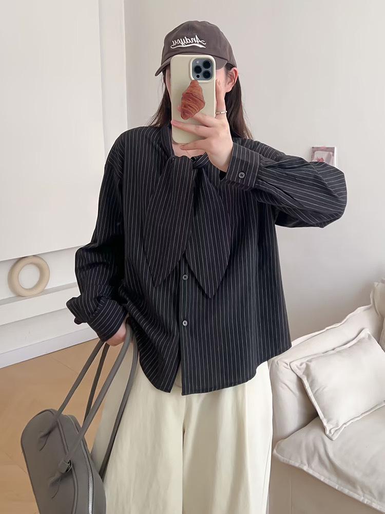 

Korean-Style Striped Slimming Women s Shirt - Early Spring 2025 Design, Loose Long Sleeve Top One Size чёрный