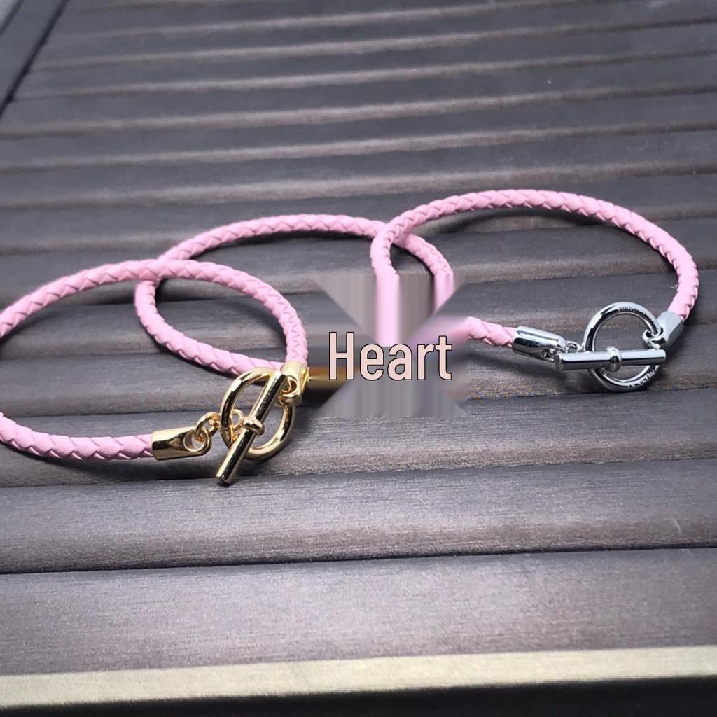 European & American Fashion H-Shaped Leather Cord Bracelet In Enamel V with 18K Rose Gold Plating - Pig Nose Design, Influencer Couple Style
