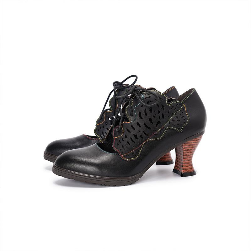 

Johnature Hollow-out Genuine Leather High Heels Retro Coarse Heels Lace-up Comfortable Women s Shoes 36 чёрный