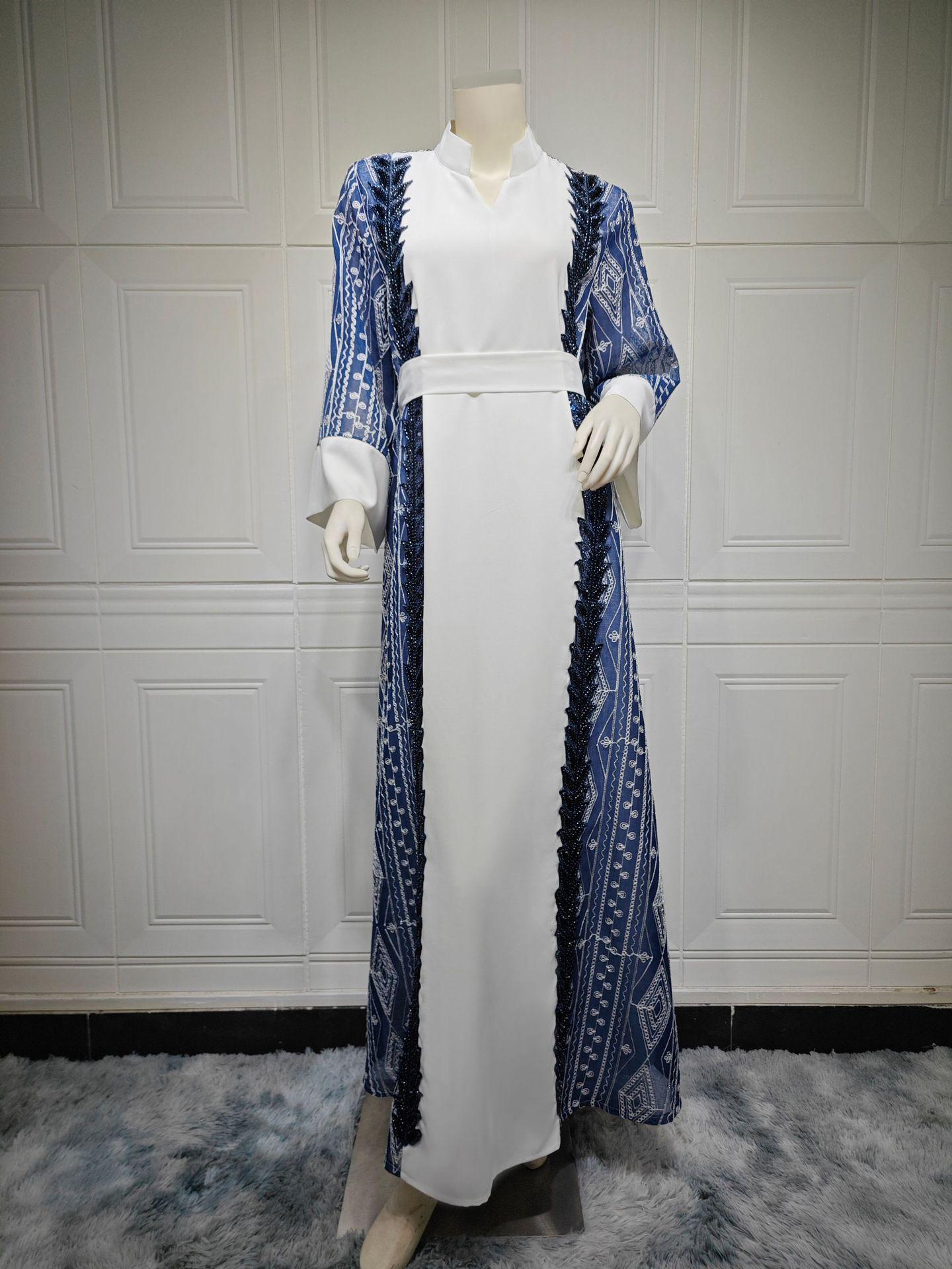 

AB378 2024 Дубай Платье мусульманское из сетки с цветными блоками и вышивкой пайетками с поясом XXL синий