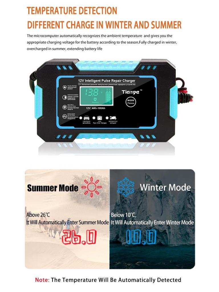 12V 6A Smart Pulse Repair Charger with LED Display for SUV & Motorcycle