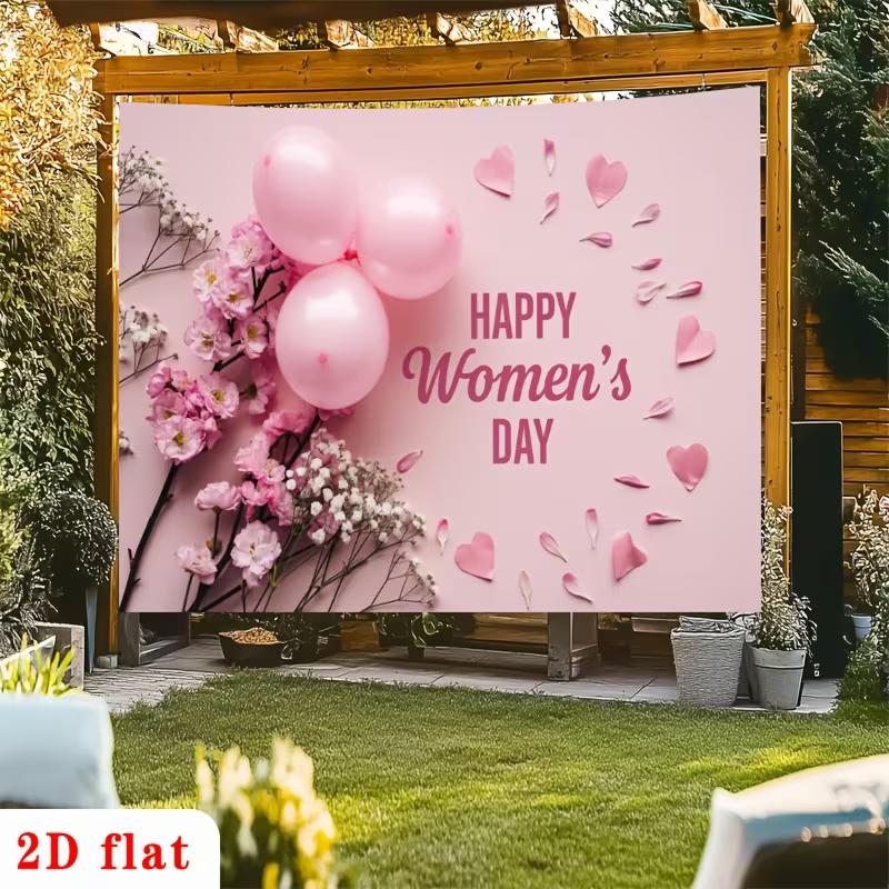 2D Happy Women's Day Pink Banner - Floral & Heart Backdrop for Women's Day Photoshoot