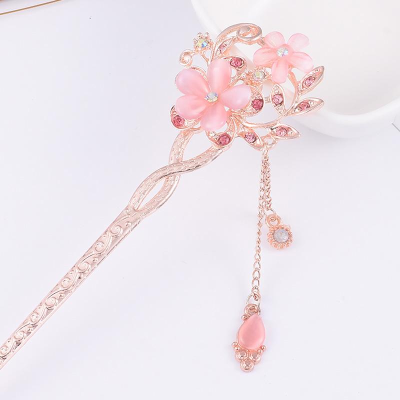 Fashion Metal Chinese Style Hair Stick Flower Rhinestone Hair Chopsticks Hairpin Cat Eye Stone Clip Women Hair Accessories