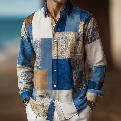 Men's Long Sleeve Shirt Color Block Patchwork Geometric Pattern Shirt Autumn Streetwear Casual Comfort Polyester Slim Fit Shirts