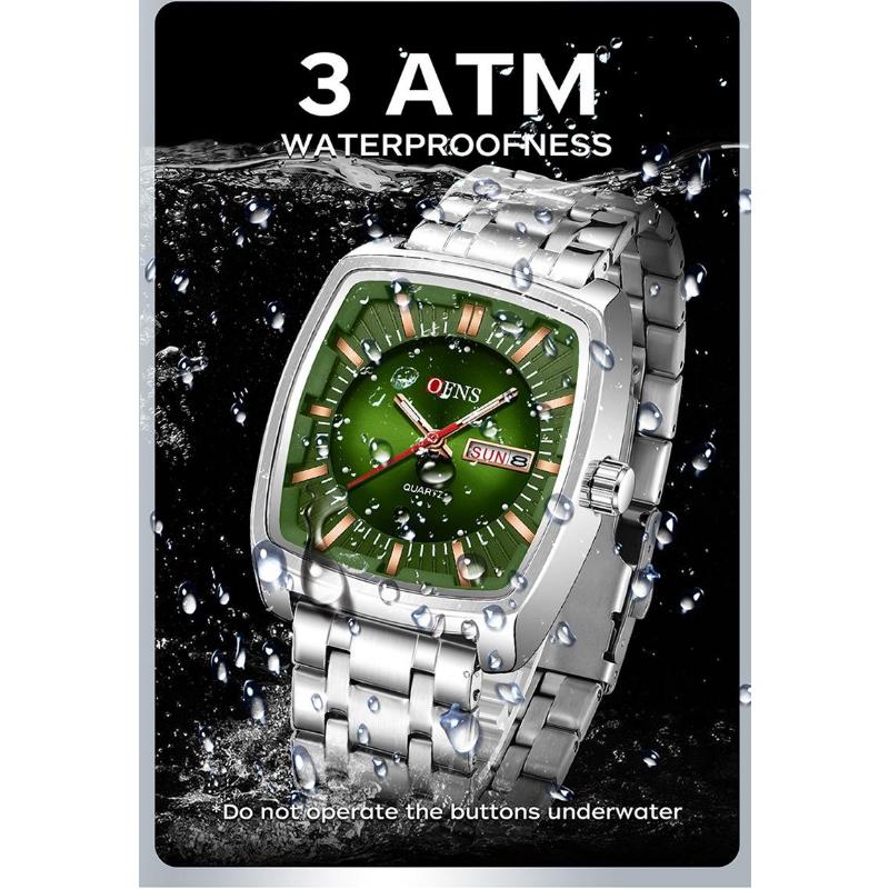 Men Watch Fashion Square Stainless Steel/Silicone Strap Waterproof Luminous Quartz Week Calendar Business Sports WristWatch