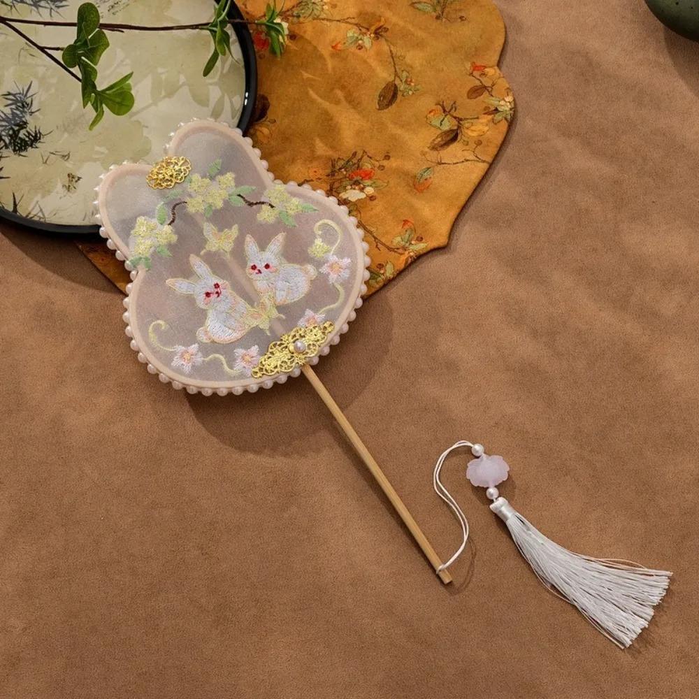 Embroidery Fan Long Handle Handheld Chinese Style Pearl Embellished Fan Rabbit Shaped with Tassel Hanfu Decorative Fan