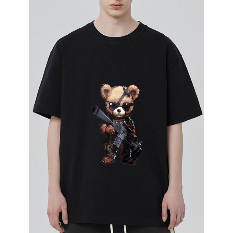 Cute Bear Soldier Graphic T-Shirt Black Animal Warrior Print for Casual Wear and Gaming Fans