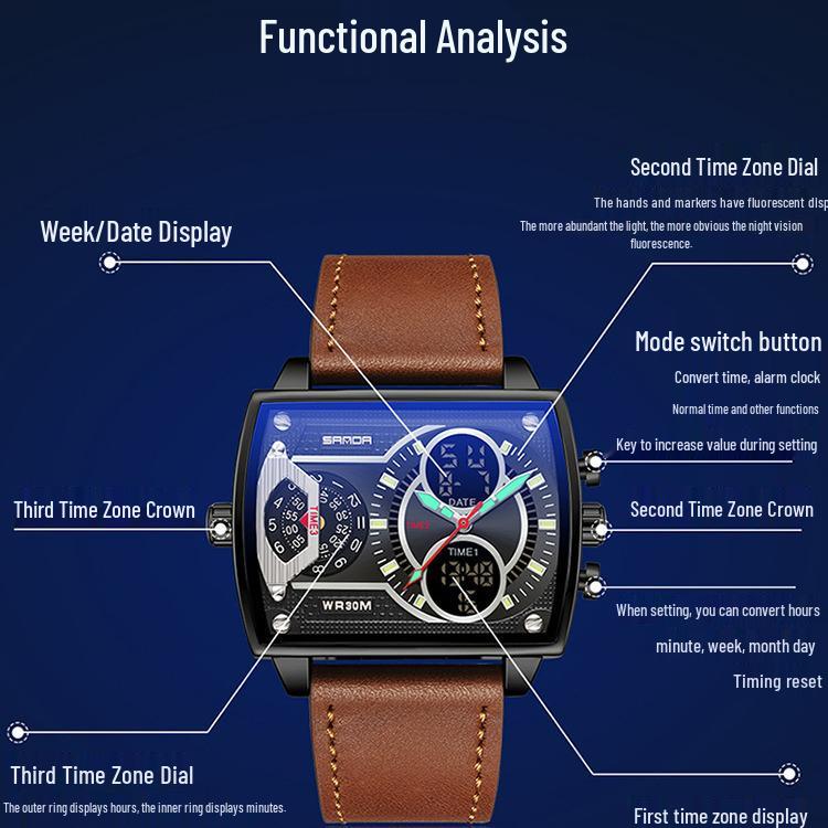 Sanda Herren Multi-Zonen Dual-Display Stahlband Uhr mit EL-Hintergrundbeleuchtung