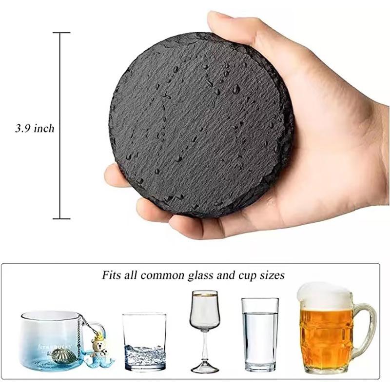 10pcs  Black Slate Stone Round / Square Coasters, for Drinks, Bar, Kitchen, Home, Natural Slate, Simple and Non-slip, Practical
