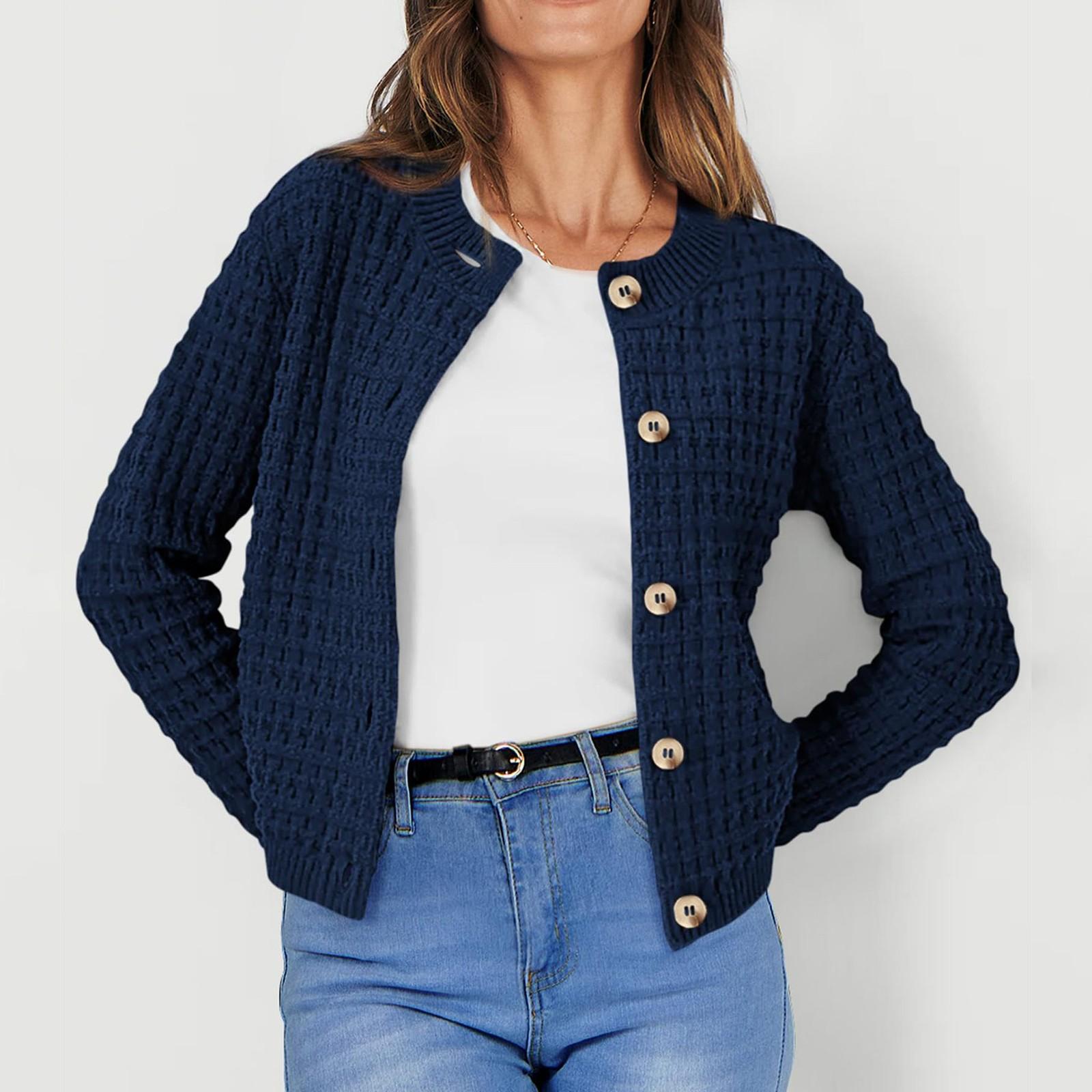 

Женский модный однотонный кардиган на пуговицах, вязаный, с длинными рукавами, повседневный свитер-жакет XL тёмно-синий