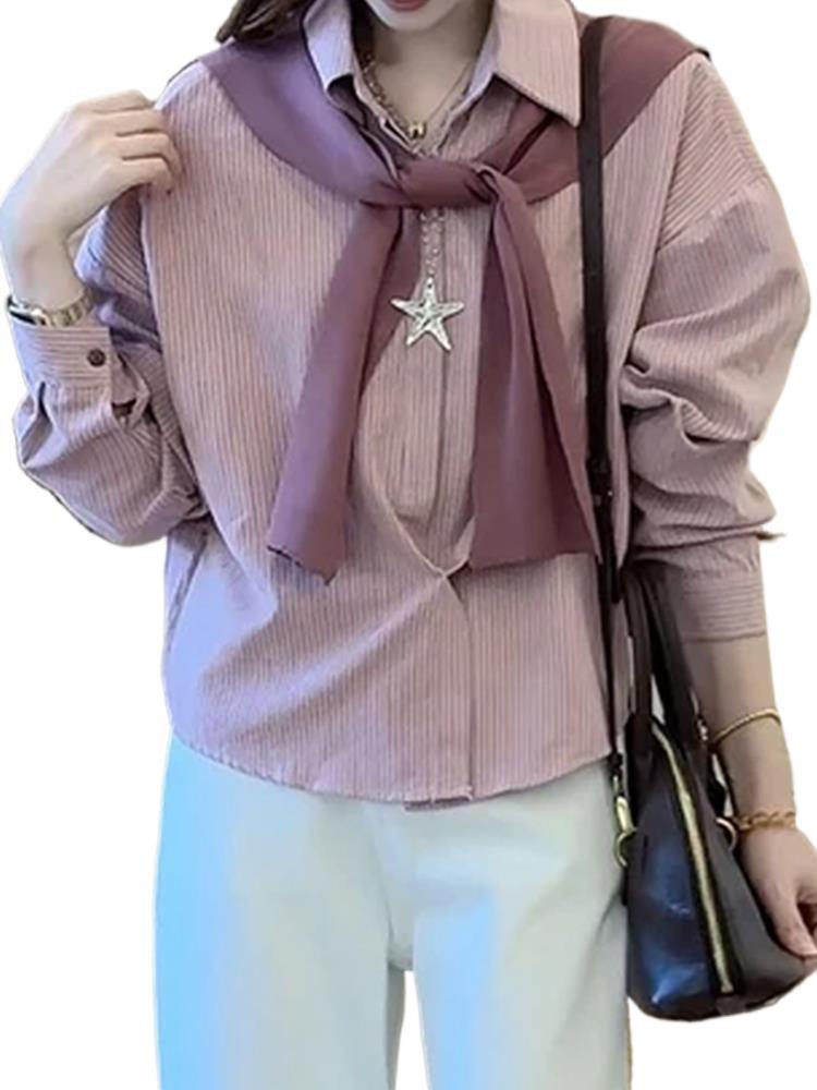 Korean Striped Shawl Long Sleeve Shirt Set for Women - 2025 Autumn Loose Slimming Age-Reducing Top