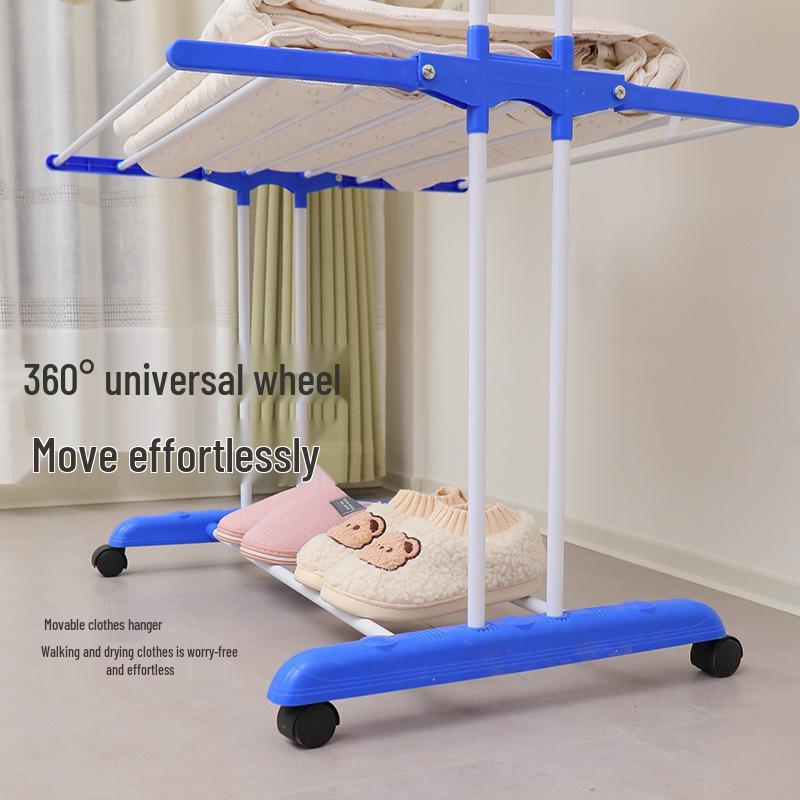 Portable Double-Pole Floor Clothes Drying Rack with Three-Layer Towel Holder, Foldable and Retractable Wing Design