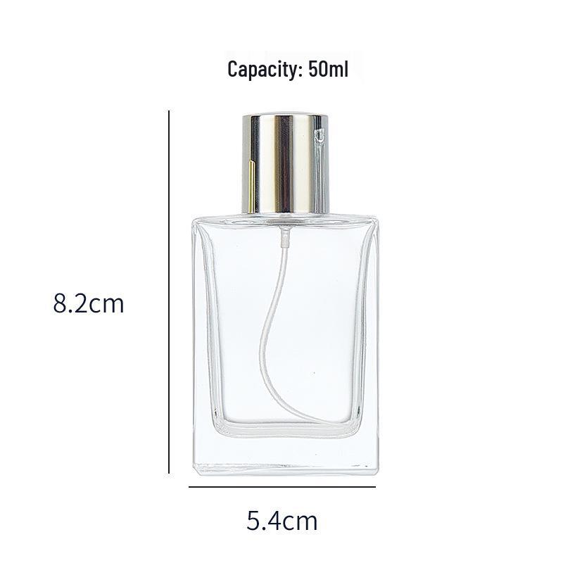 Threaded Flat Square Glass Perfume Bottle, 50ml Press Spray & 30ml Portable Refill, Transparent