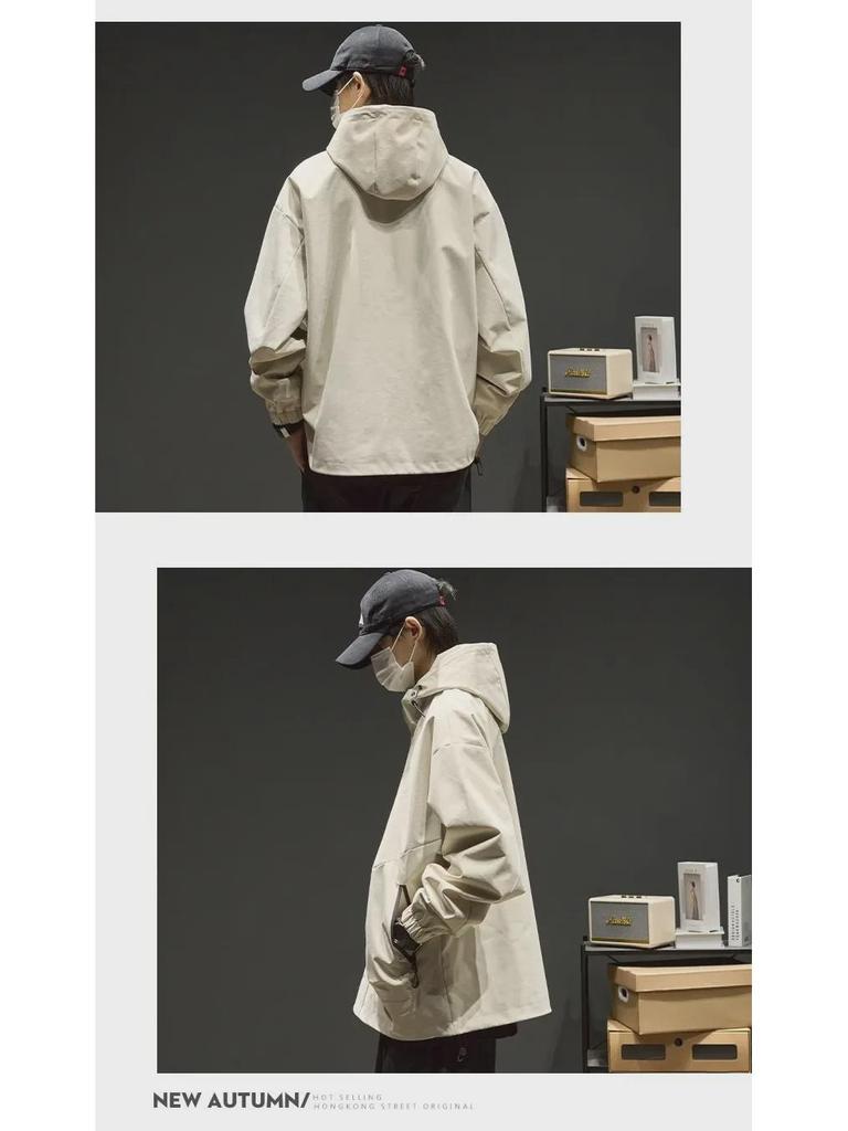 Men's Retro Street Style Hooded Jacket - Oversized, Solid Color, Trendy Brand