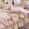 Korean Style Bedding Sets  Pink Grid Bow Quilt Cover Romantic Bed Sheet Sets Woman Girls Bedroom Duvet Cover 4pcs