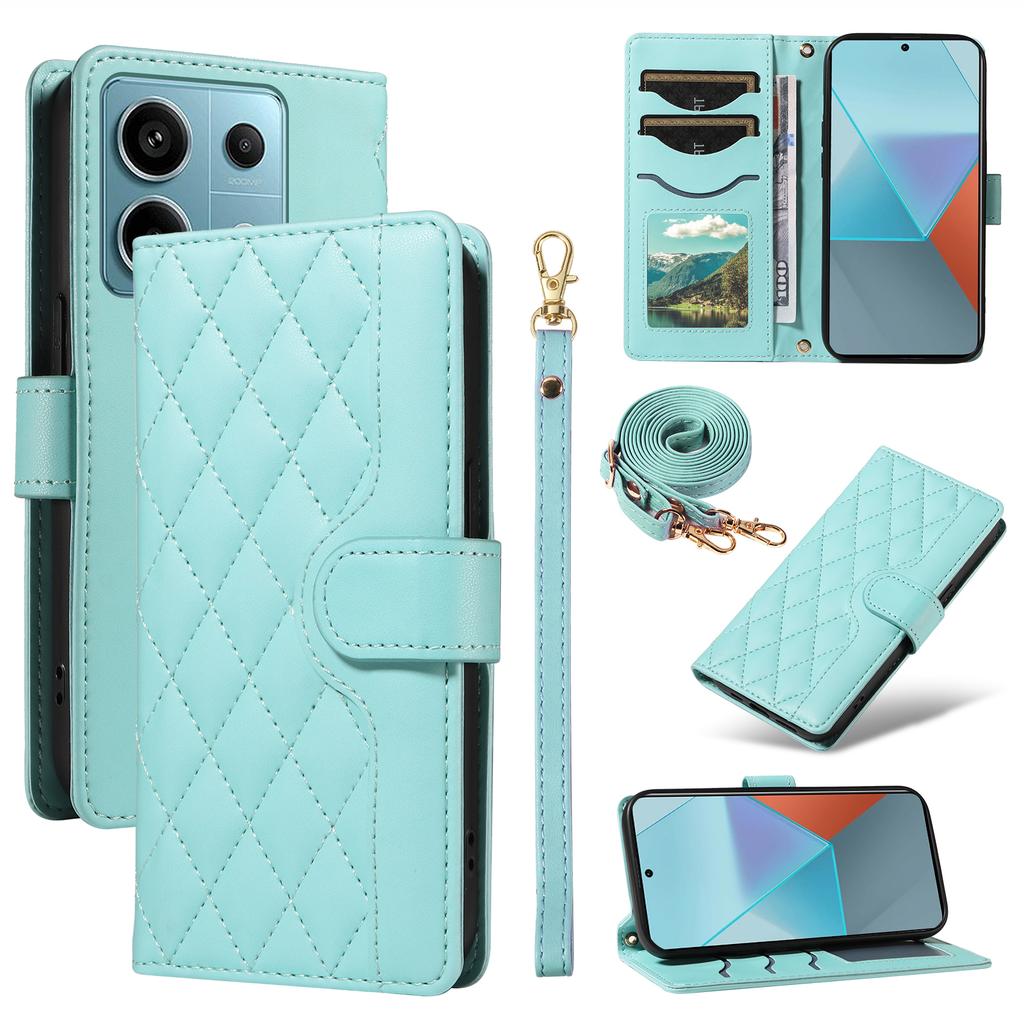 For Xiaomi Poco X6 5G/Redmi Note 13 Pro 5G Case Wallet Rhombus Leather Phone Cover with Shoulder Strap,Wrist Strap