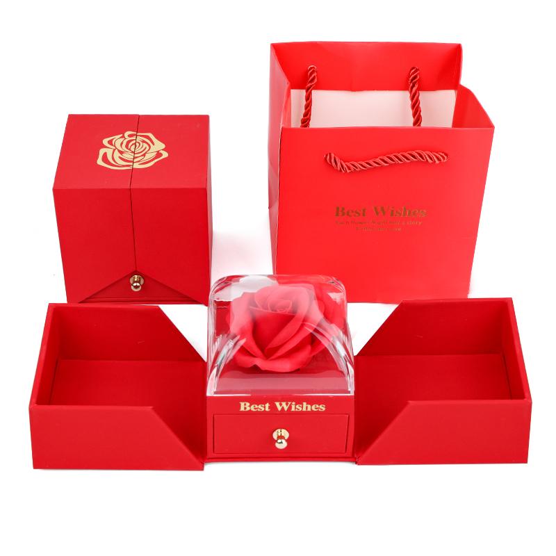 Jewelry Packaging Box Double Open Gatefold Rose Flower Gift Box with Drawer Custom Logo Velvet Ring Earring Necklace Case