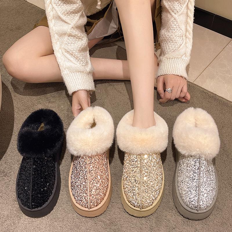 Large size new thick-soled plush women's snow boots thickened sequins large size European and American style women's short boots