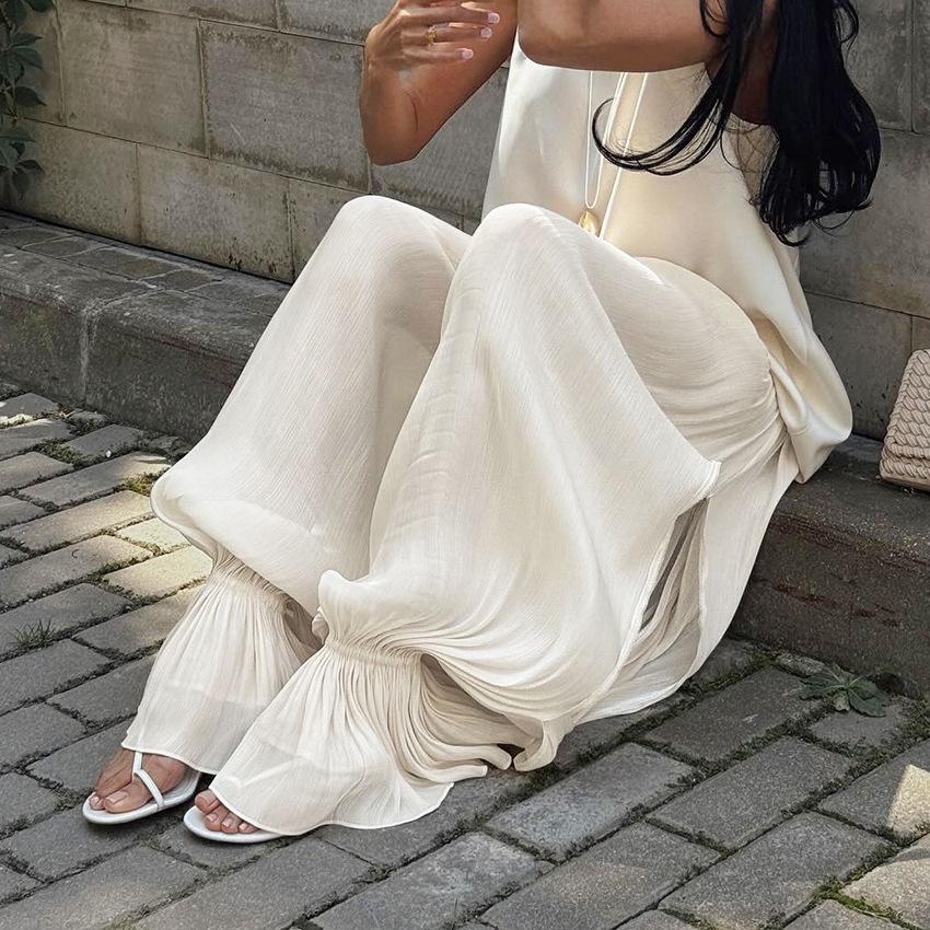 White Wide Leg Pants with Pleated Detail and Ruffle Hem