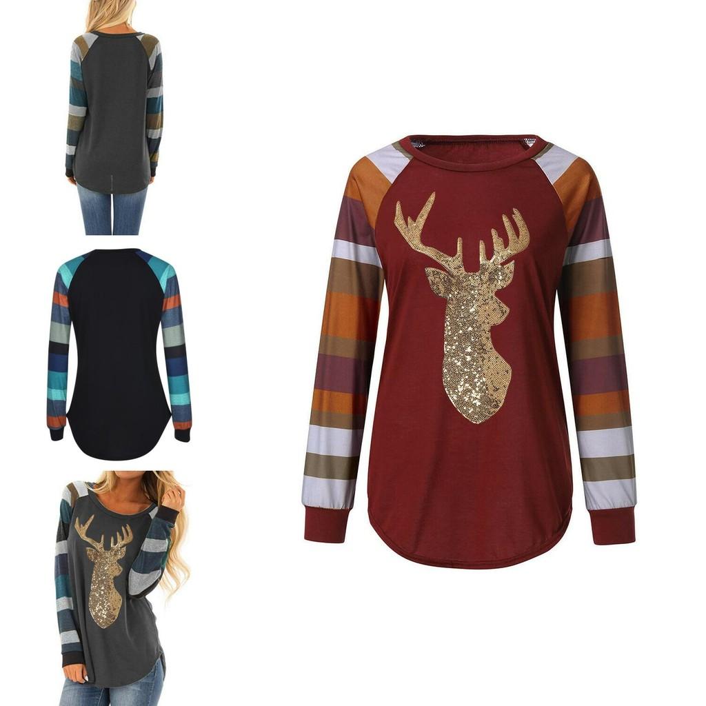 Festive Womens Christmas Tops With Sparkling Sequin Reindeer Long Sleeve Design
