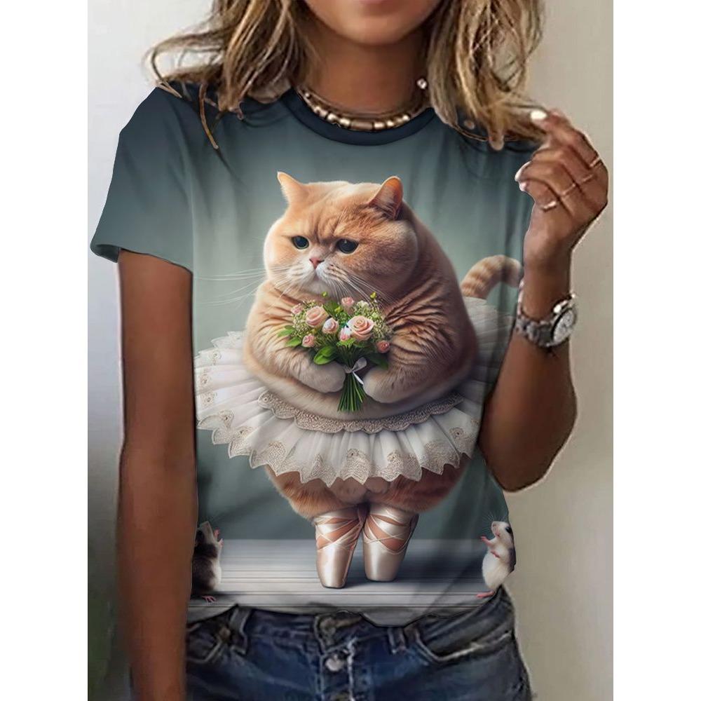 

Summer Cute Cat Dances Ballet T-Shirts 3D Print Women Men Short Sleeve Round Neck T Shirt Tees Harajuku Y2K Tops Unisex Clothing S