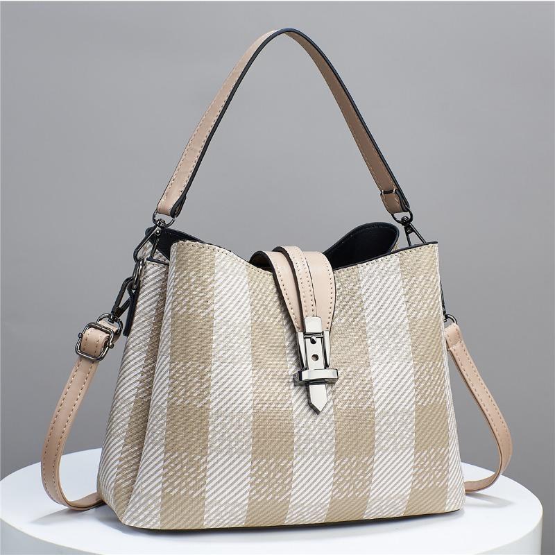 Single Shoulder Women's Fashionable Checkered Hand-held Bucket Bag Casual Crossbody Bag