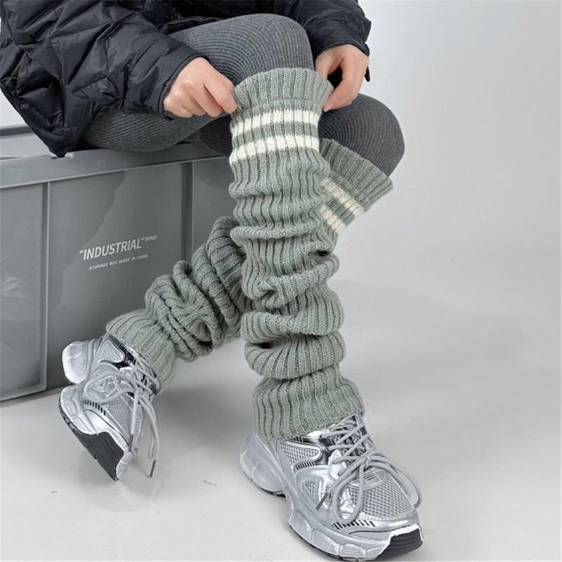 Women Thicken Ribbed Knit Leg Warmer Preppy Style Double Striped Leg Covers Snow Boot Cuffs Over Knee Stacked Long Socks